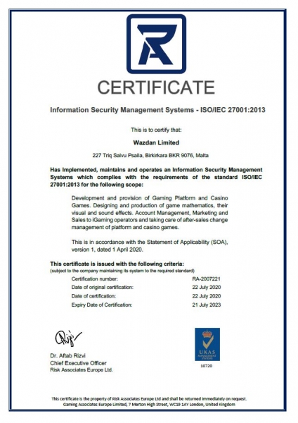 Wazdan awarded ISO/IEC 27001 Certificate